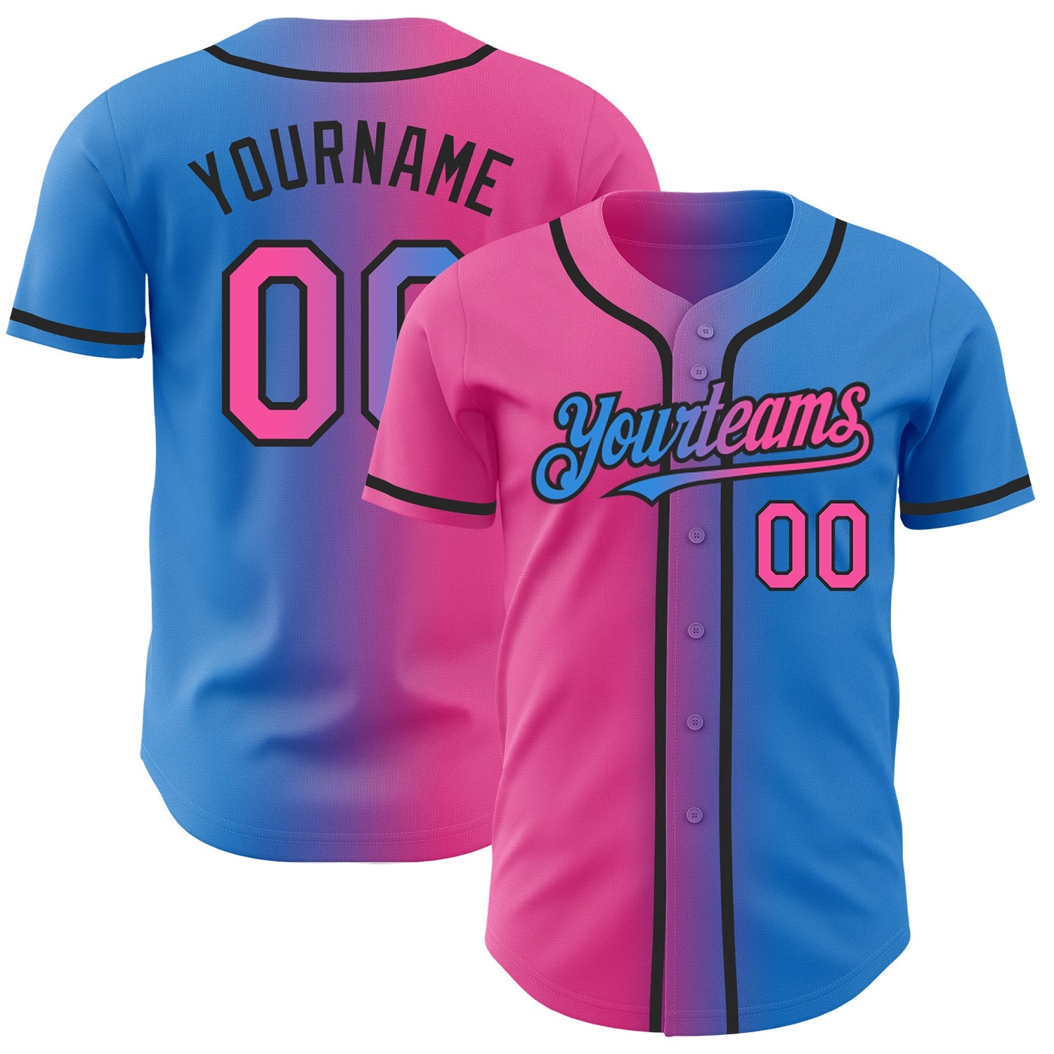 Custom Electric Blue Pink-Black Authentic Gradient Fashion Baseball Jersey - Main View