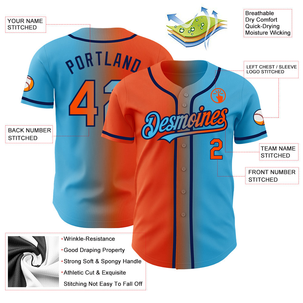 Custom Sky Blue Orange-Navy Authentic Gradient Fashion Baseball Jersey view 3