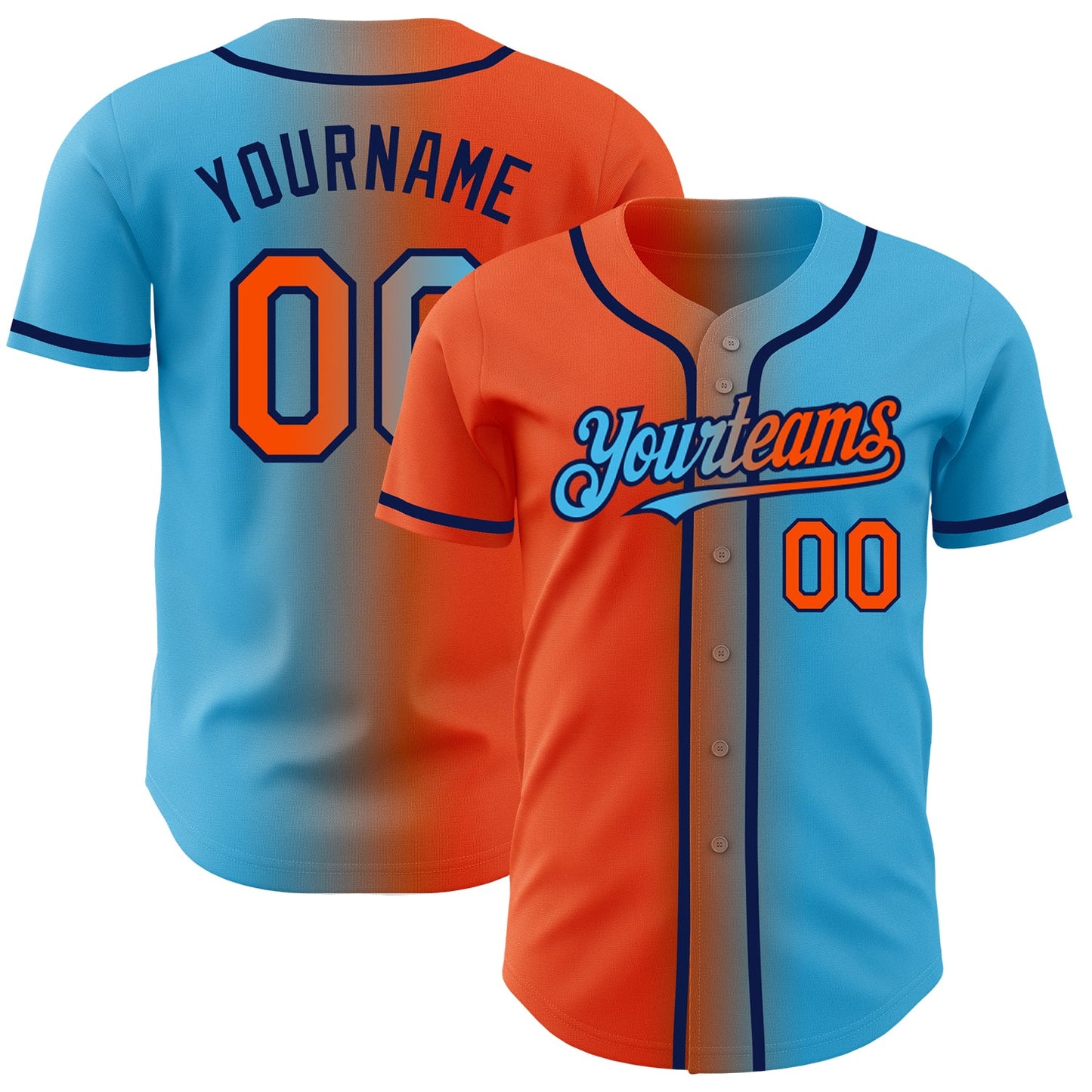 Custom Sky Blue Orange-Navy Authentic Gradient Fashion Baseball Jersey - Main View