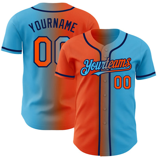 Custom Sky Blue Orange-Navy Authentic Gradient Fashion Baseball Jersey - Main View
