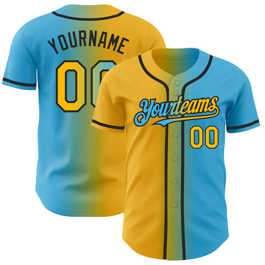 Custom Sky Blue Gold-Black Authentic Gradient Fashion Baseball Jersey - Main View