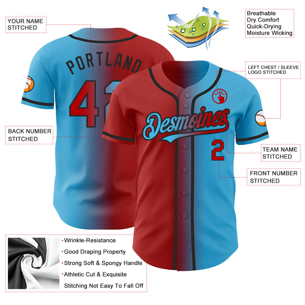 Custom Sky Blue Red-Black Authentic Gradient Fashion Baseball Jersey view 3