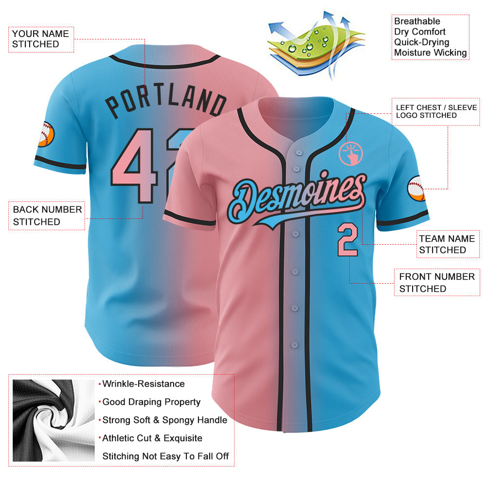 Custom Sky Blue Medium Pink-Black Authentic Gradient Fashion Baseball Jersey view 3