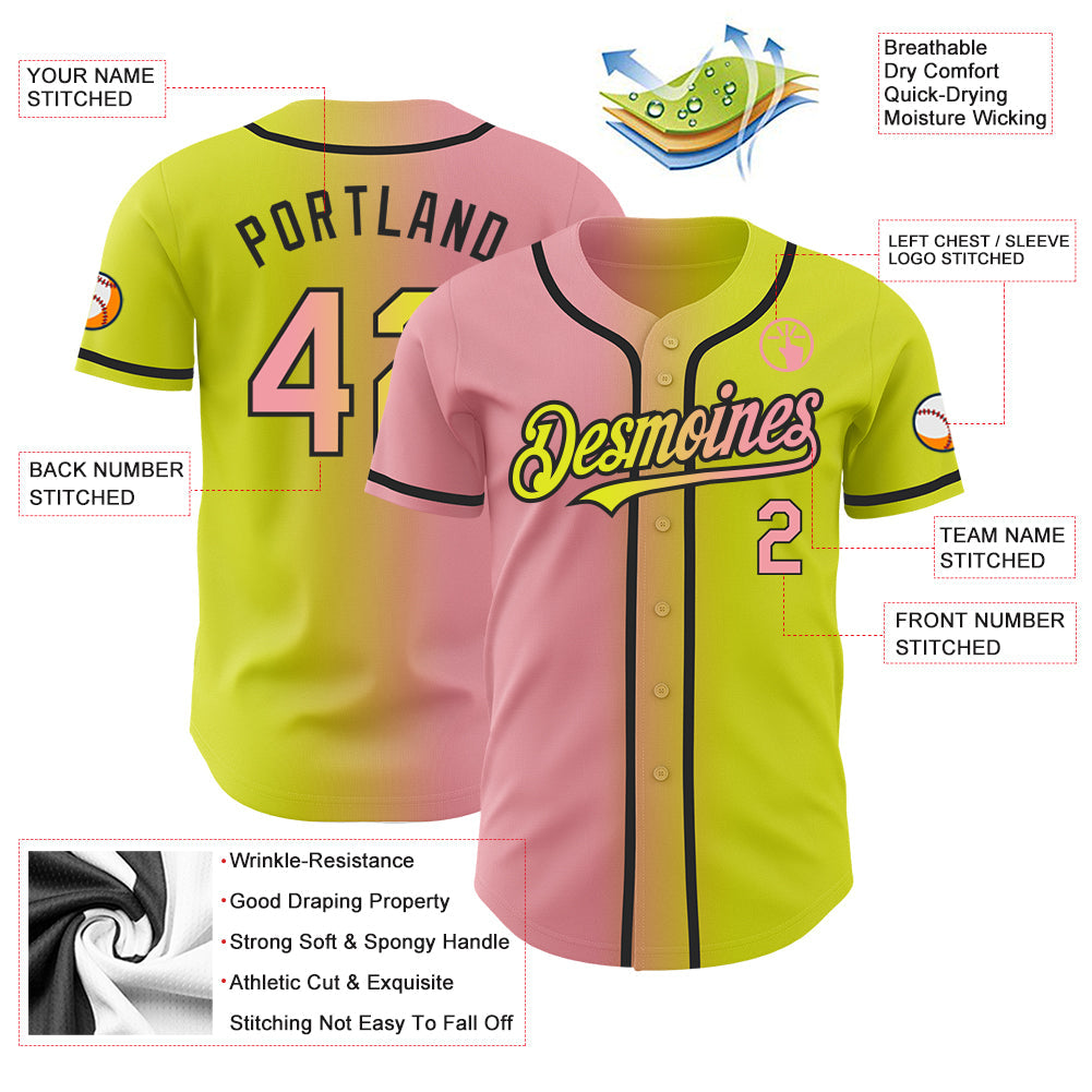 Custom Neon Yellow Medium Pink-Black Authentic Gradient Fashion Baseball Jersey view 3