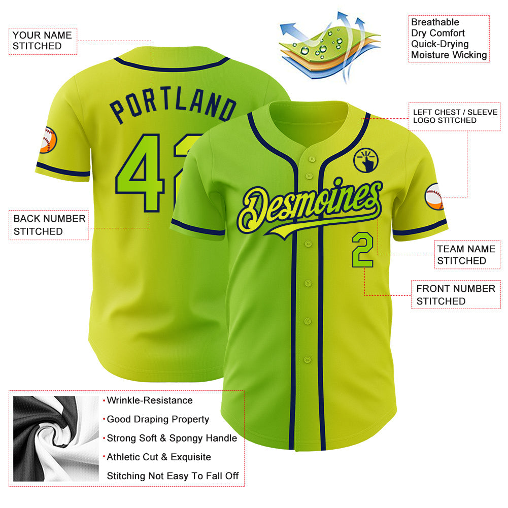 Custom Neon Yellow Neon Green-Navy Authentic Gradient Fashion Baseball Jersey view 3