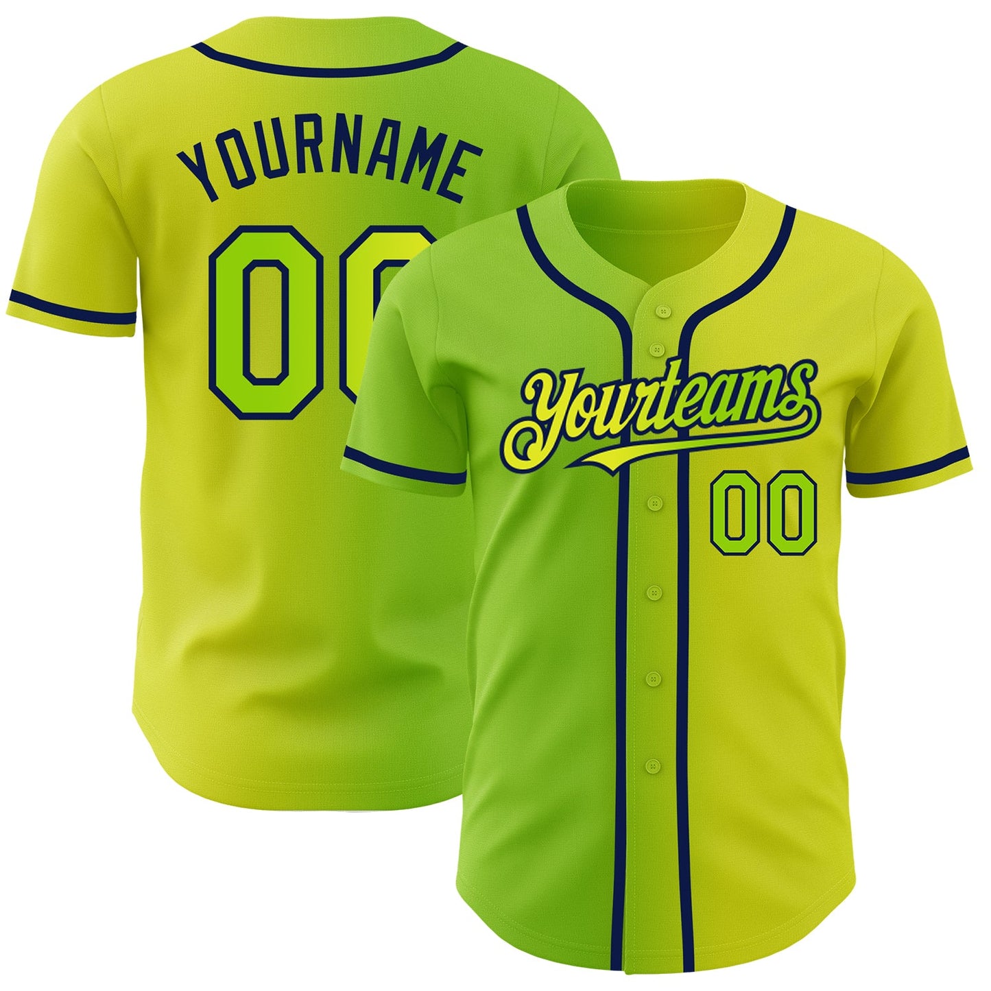 Custom Neon Yellow Neon Green-Navy Authentic Gradient Fashion Baseball Jersey - Main View