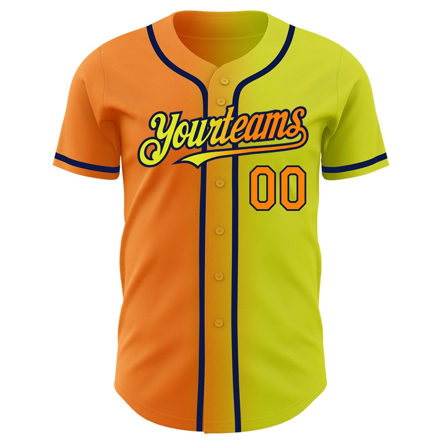 Custom Neon Yellow Bay Orange-Navy Authentic Gradient Fashion Baseball Jersey view 2