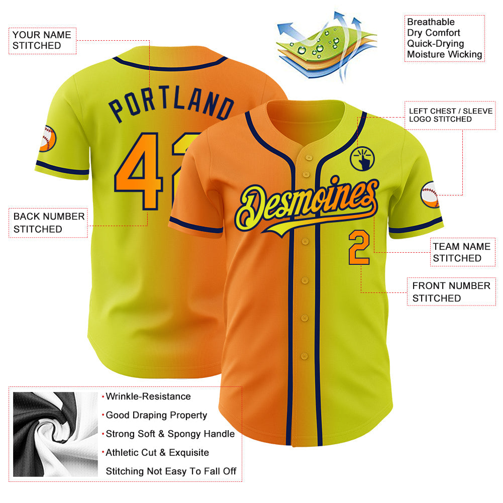 Custom Neon Yellow Bay Orange-Navy Authentic Gradient Fashion Baseball Jersey view 3
