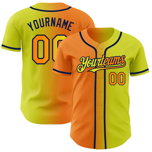 Custom Neon Yellow Bay Orange-Navy Authentic Gradient Fashion Baseball Jersey - Main View