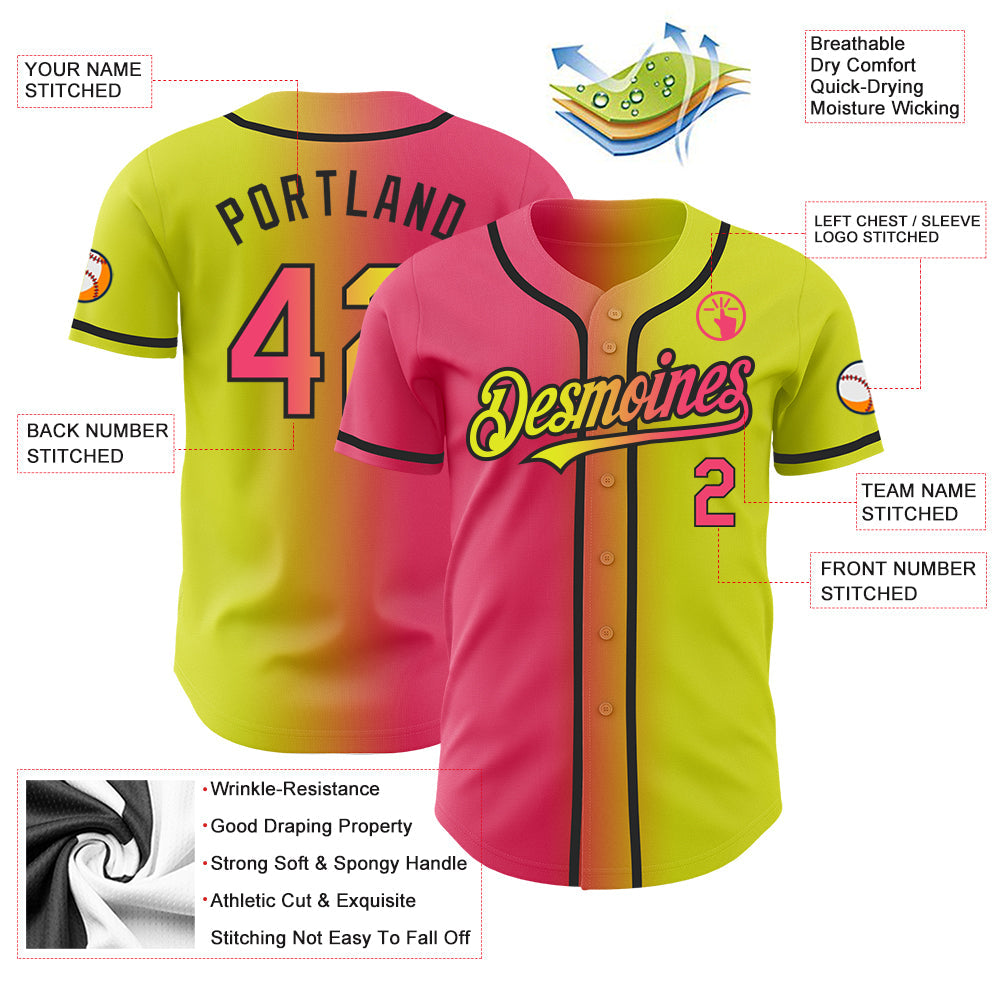 Custom Neon Yellow Neon Pink-Black Authentic Gradient Fashion Baseball Jersey view 3