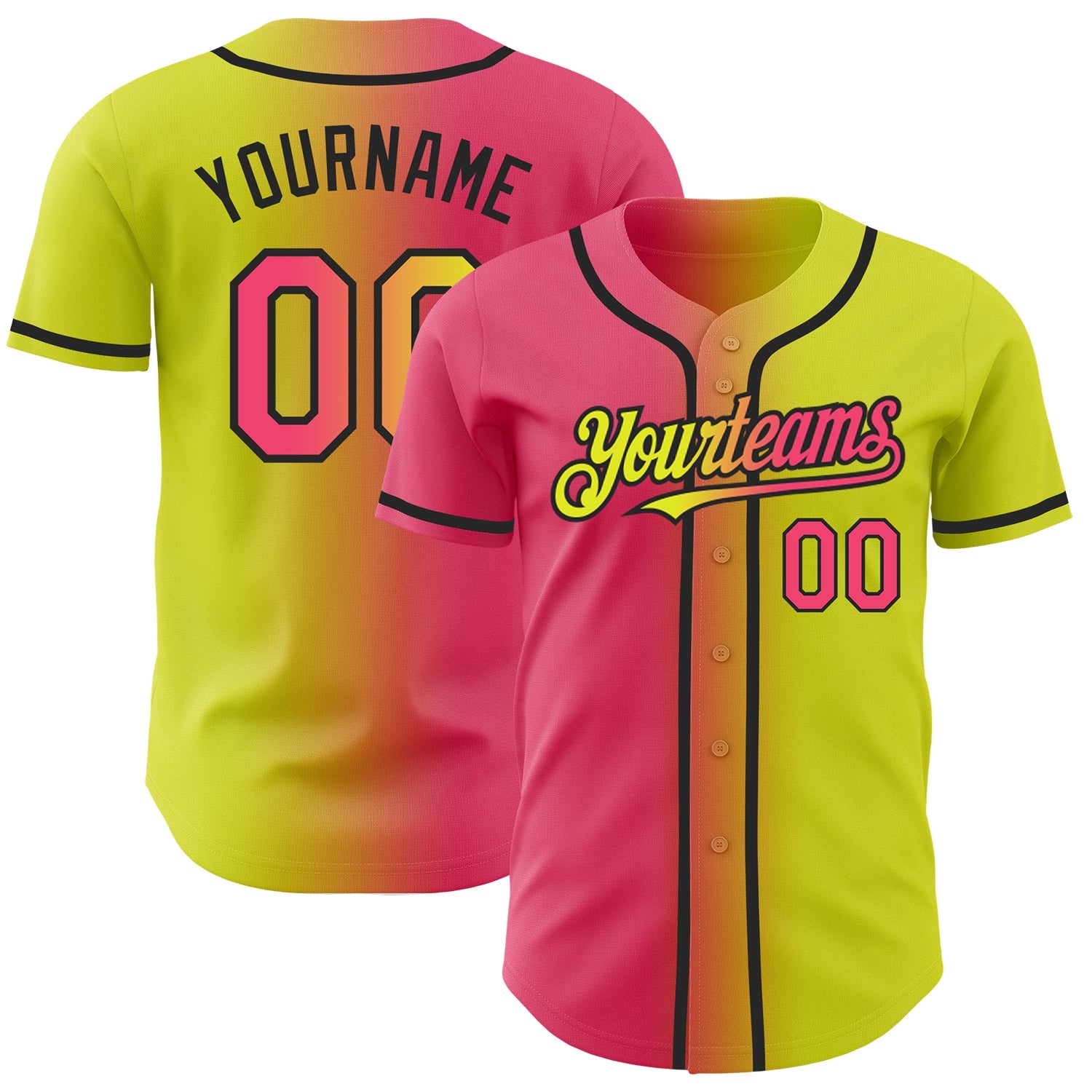 Custom Neon Yellow Neon Pink-Black Authentic Gradient Fashion Baseball Jersey - Main View