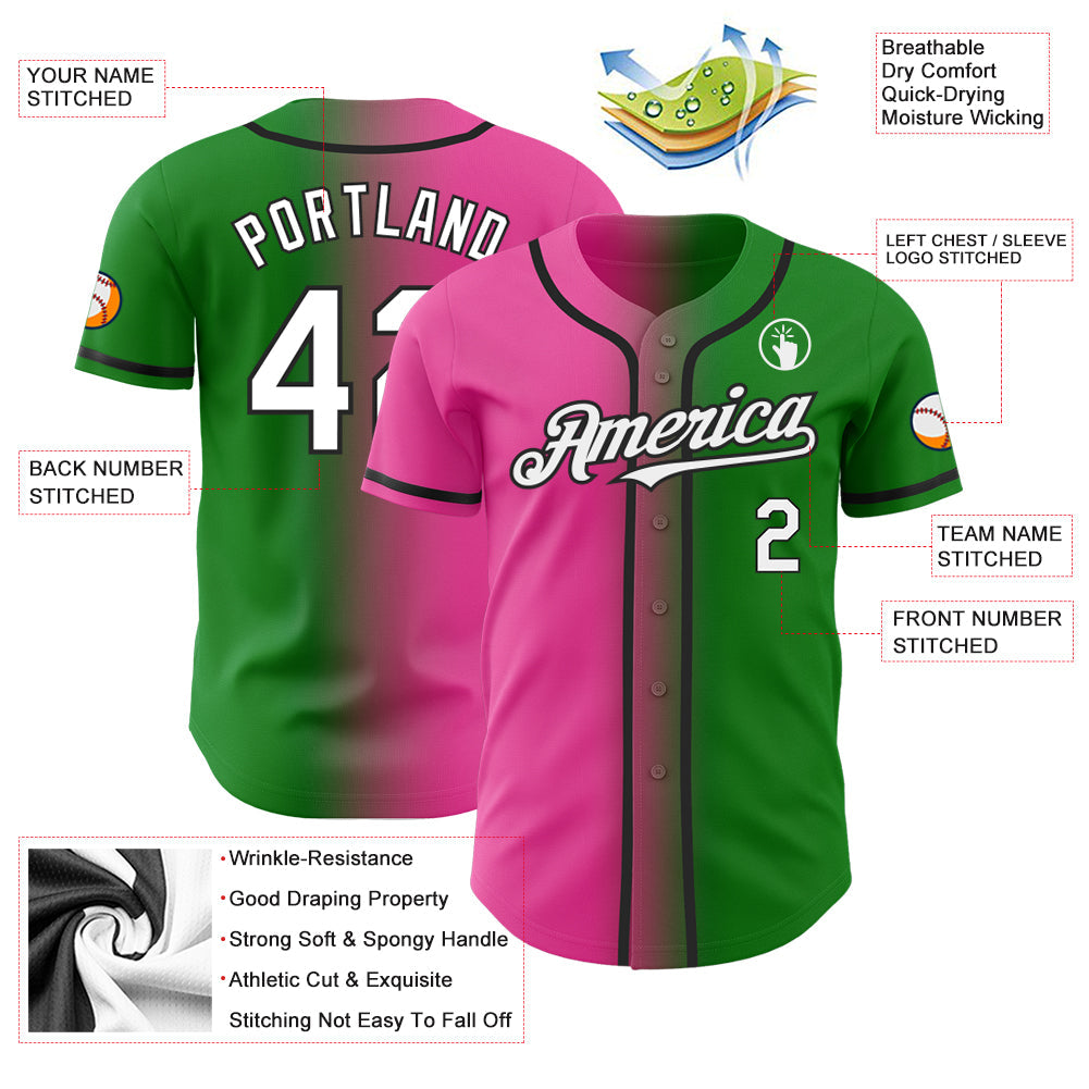 Custom Grass Green White Pink-Black Authentic Gradient Fashion Baseball Jersey view 3