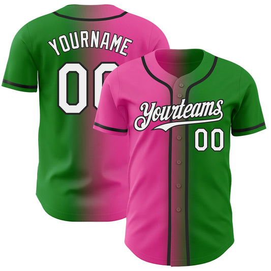 Custom Grass Green White Pink-Black Authentic Gradient Fashion Baseball Jersey - Main View
