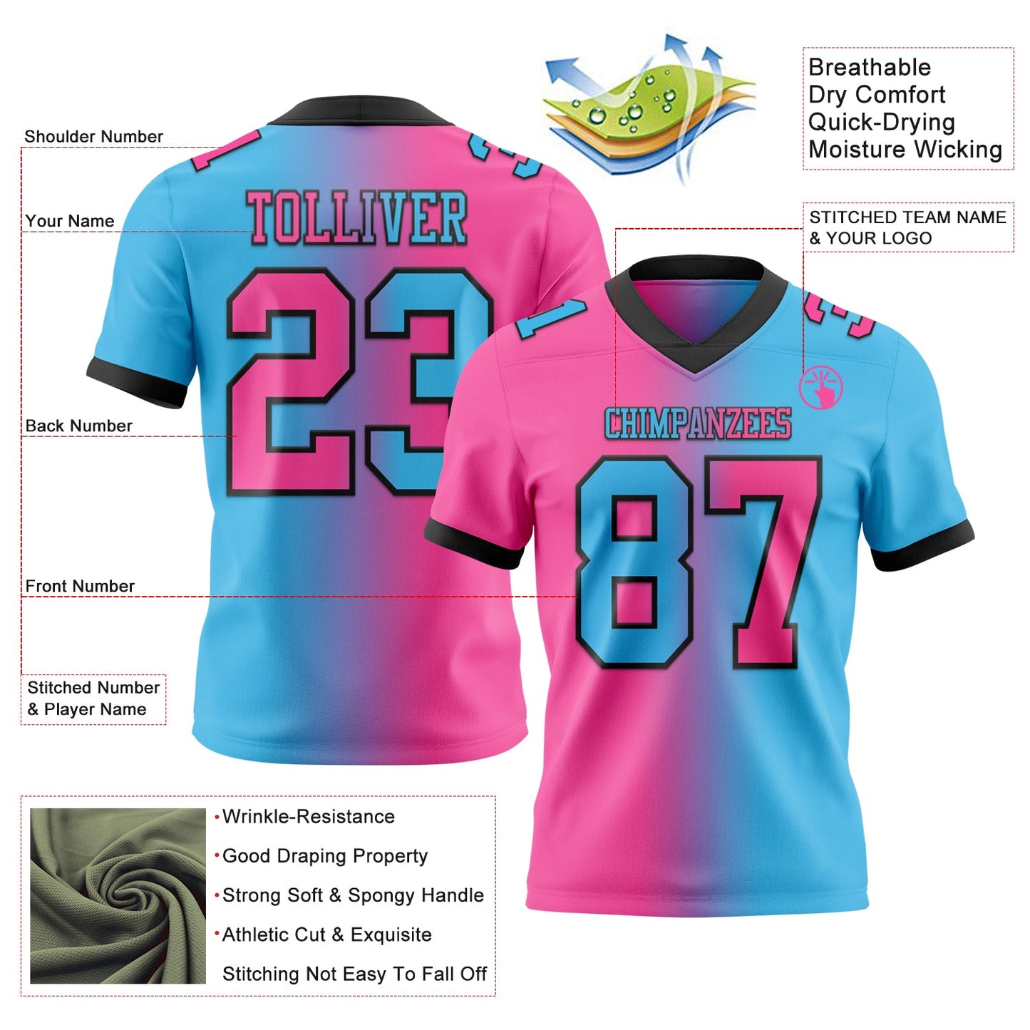 Custom Sky Blue Pink-Black Authentic Gradient Fashion Football Jersey view 2