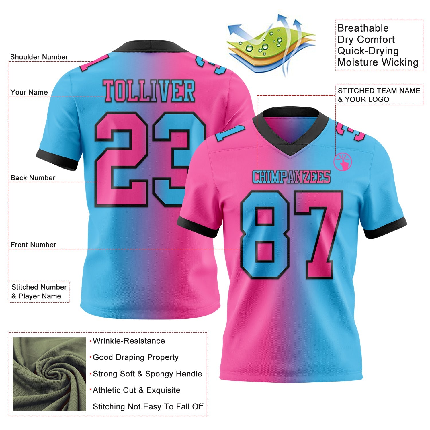 Custom Sky Blue Pink-Black Authentic Gradient Fashion Football Jersey view 2
