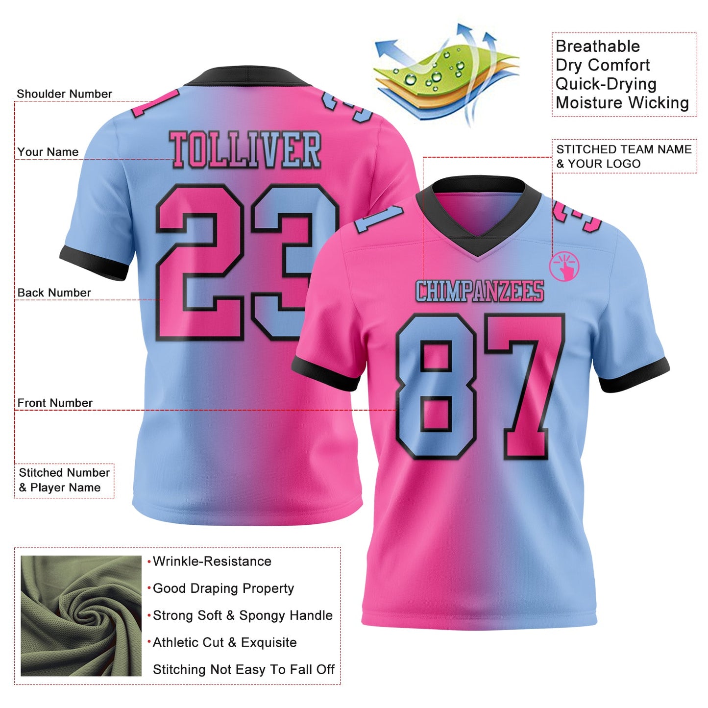 Custom Light Blue Pink-Black Authentic Gradient Fashion Football Jersey view 2