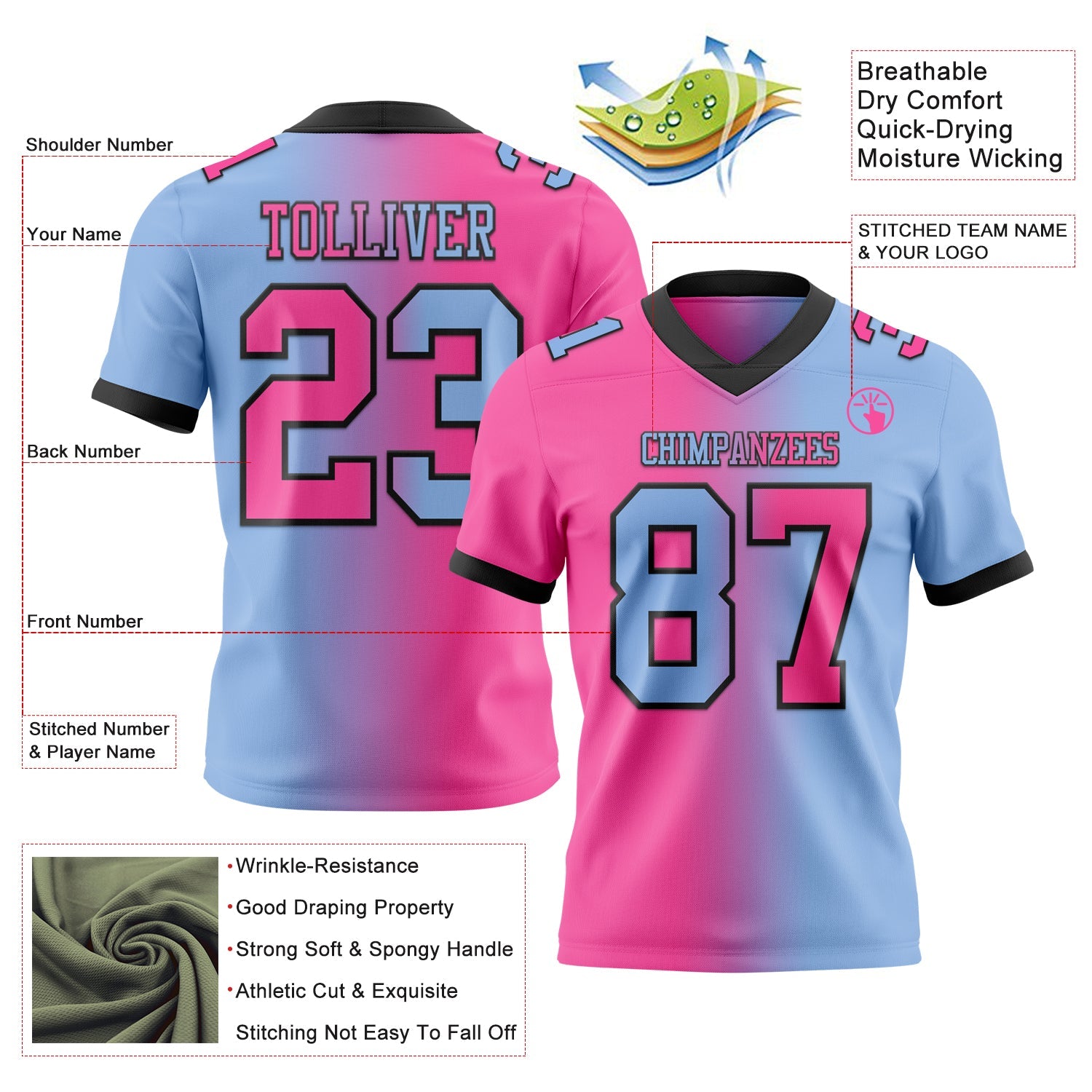 Custom Light Blue Pink-Black Authentic Gradient Fashion Football Jersey view 2