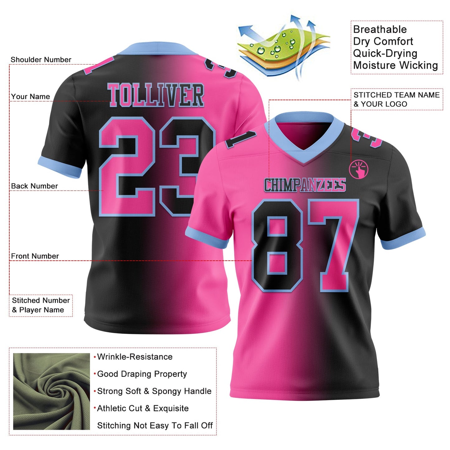 Custom Black Pink-Light Blue Authentic Gradient Fashion Football Jersey view 2