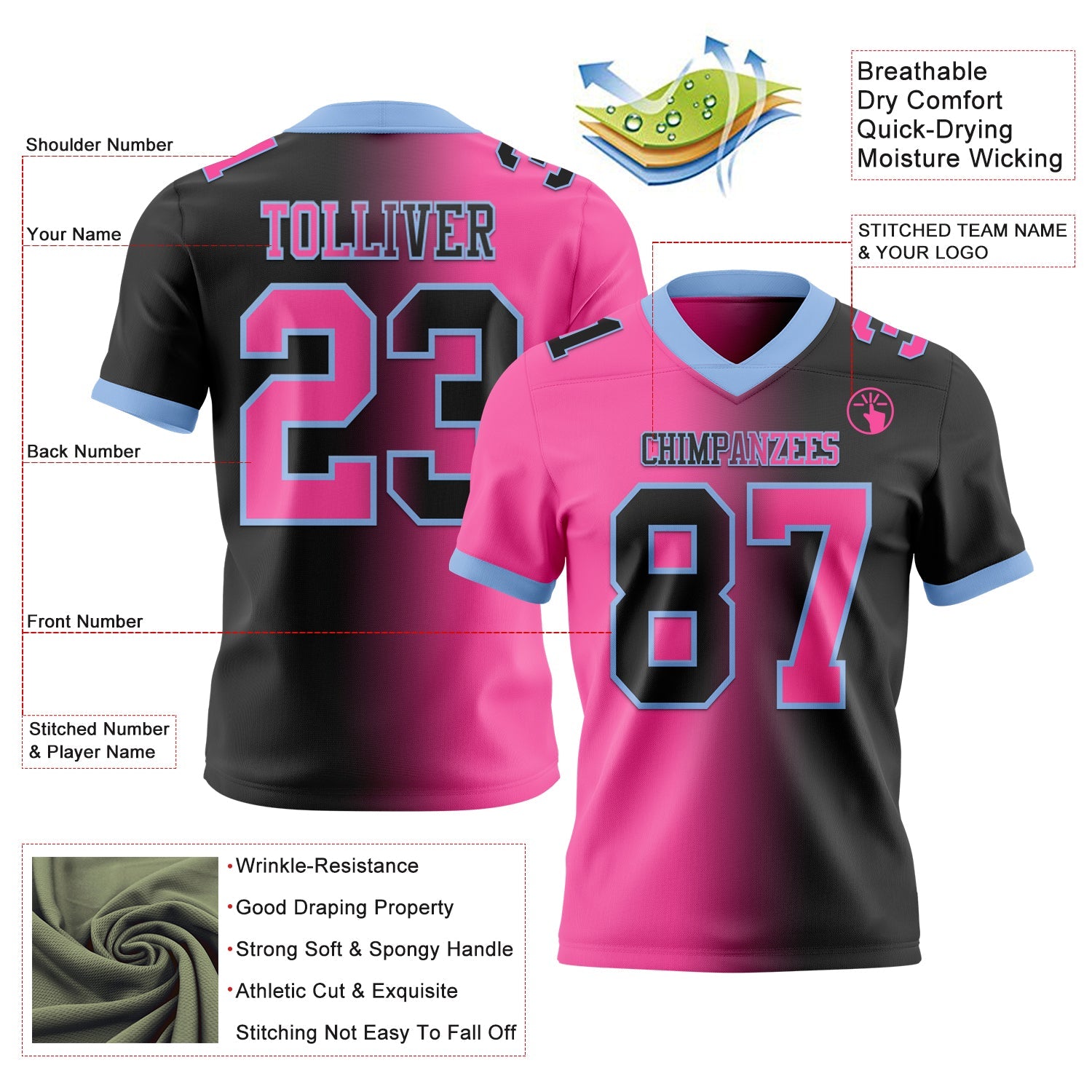 Custom Black Pink-Light Blue Authentic Gradient Fashion Football Jersey view 2
