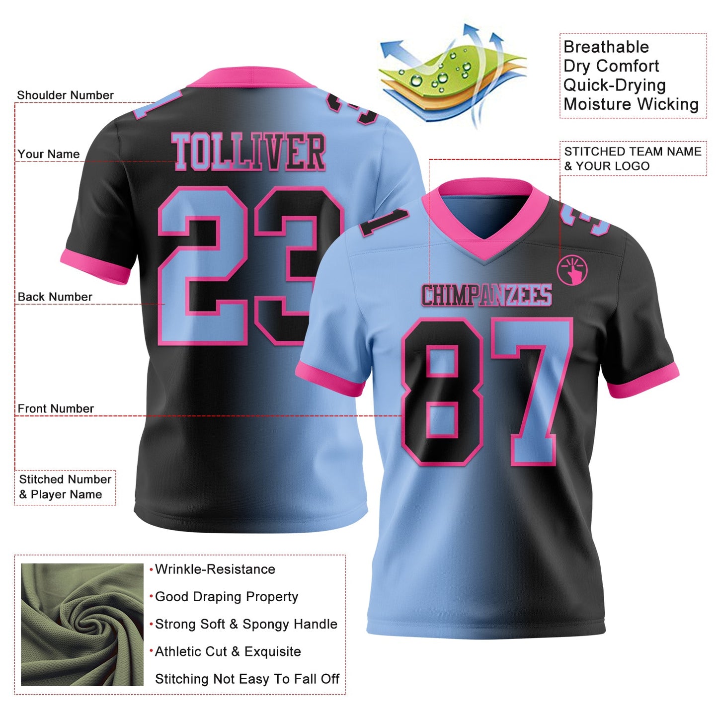 Custom Black Light Blue-Pink Authentic Gradient Fashion Football Jersey view 2