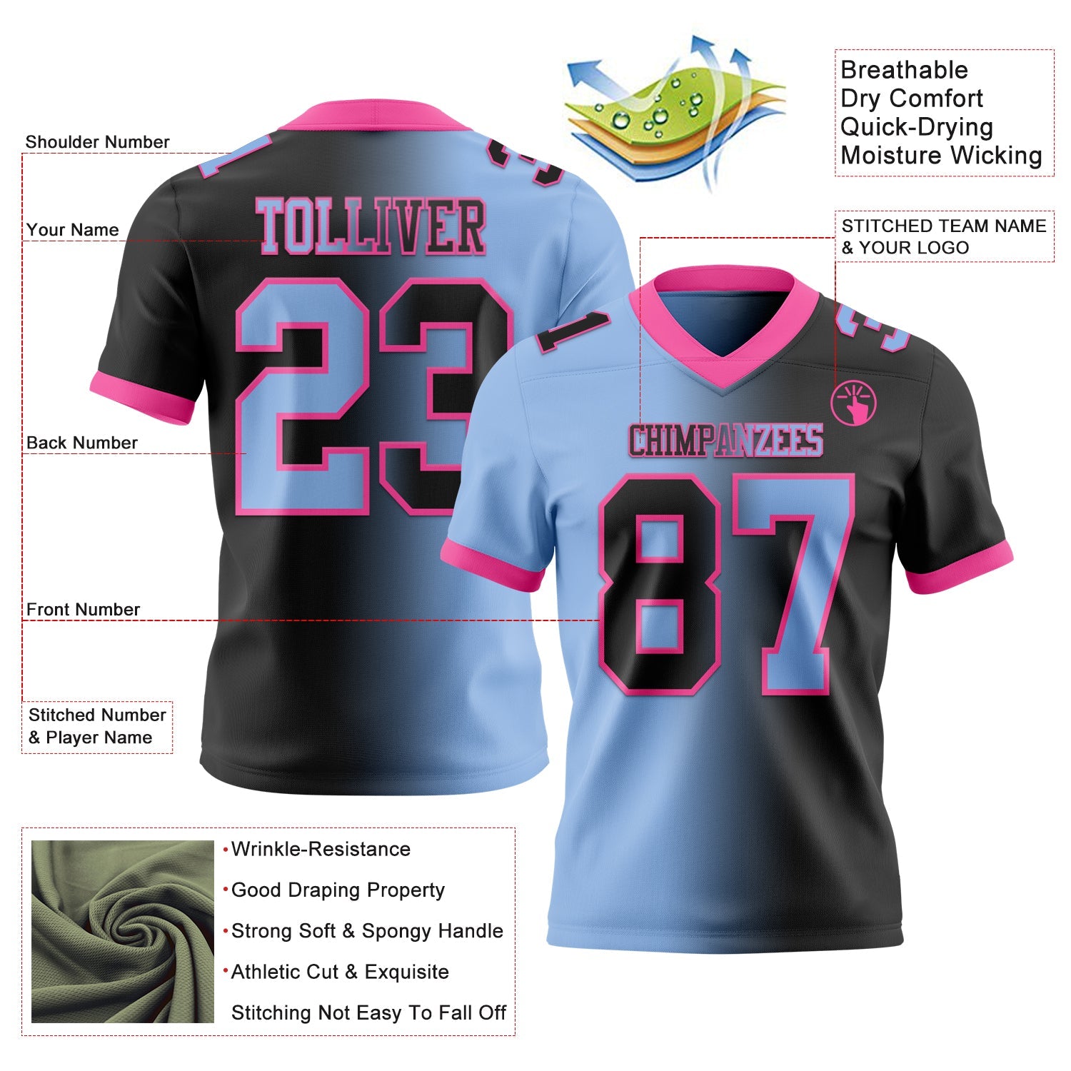 Custom Black Light Blue-Pink Authentic Gradient Fashion Football Jersey view 2