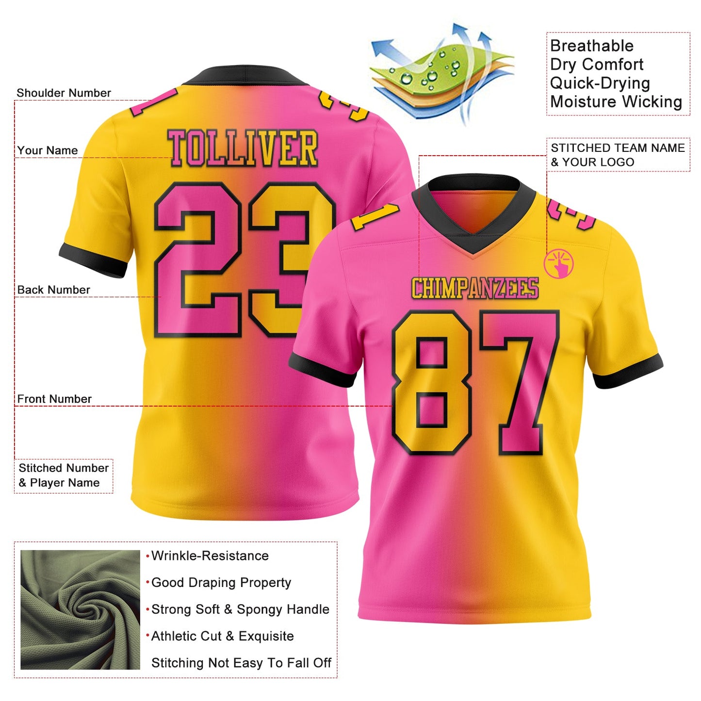 Custom Yellow Pink-Black Authentic Gradient Fashion Football Jersey view 2