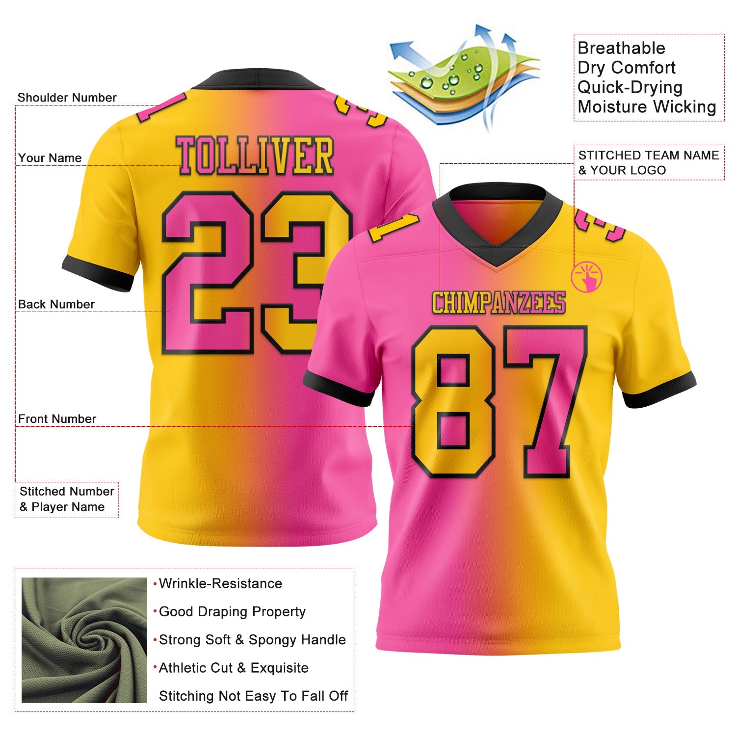 Custom Yellow Pink-Black Authentic Gradient Fashion Football Jersey view 2