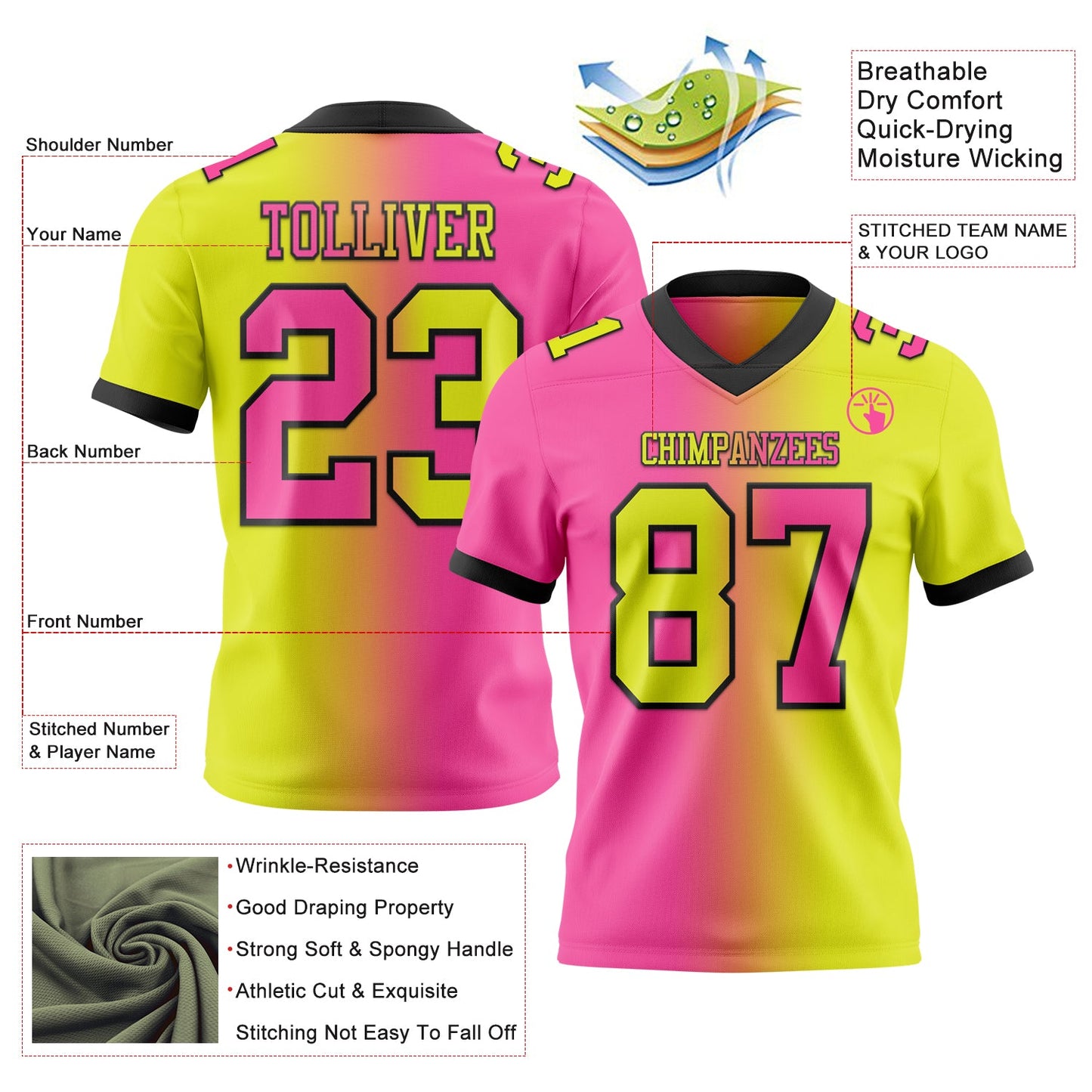 Custom Neon Yellow Pink-Black Authentic Gradient Fashion Football Jersey view 2