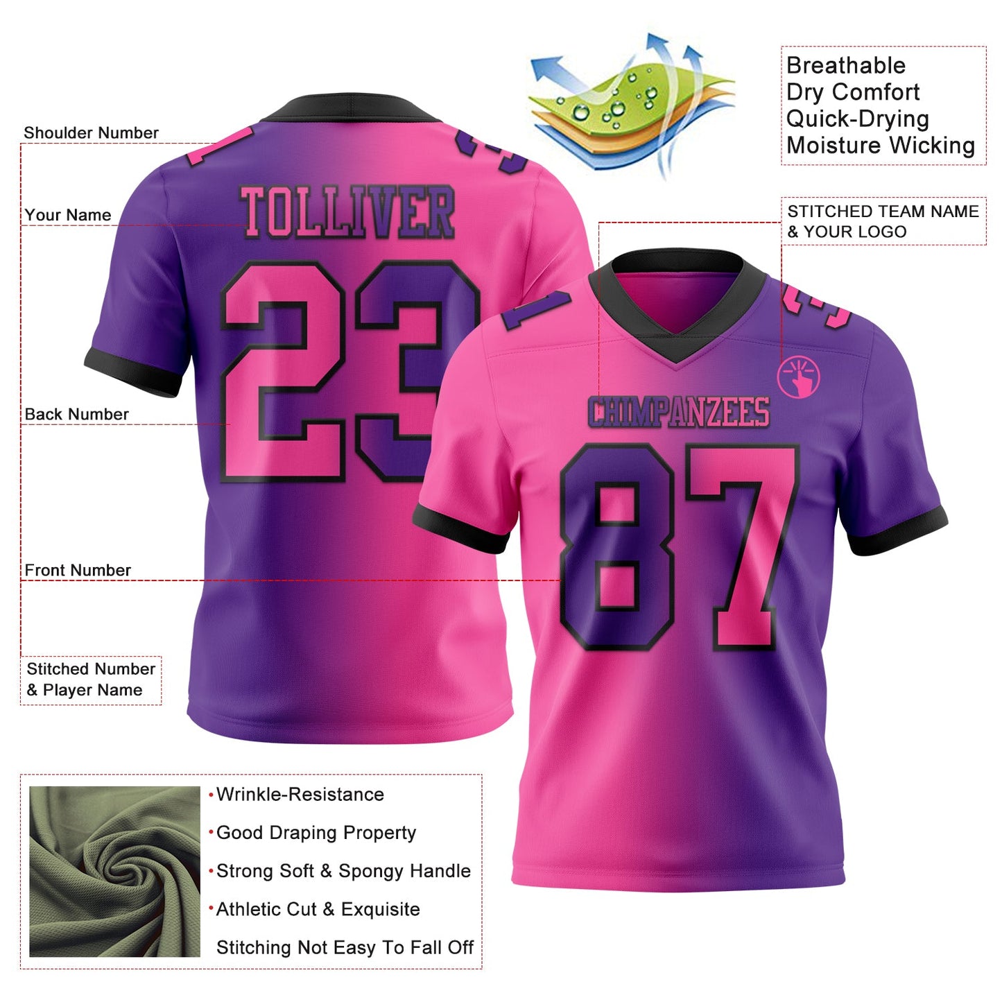 Custom Purple Pink-Black Authentic Gradient Fashion Football Jersey view 2