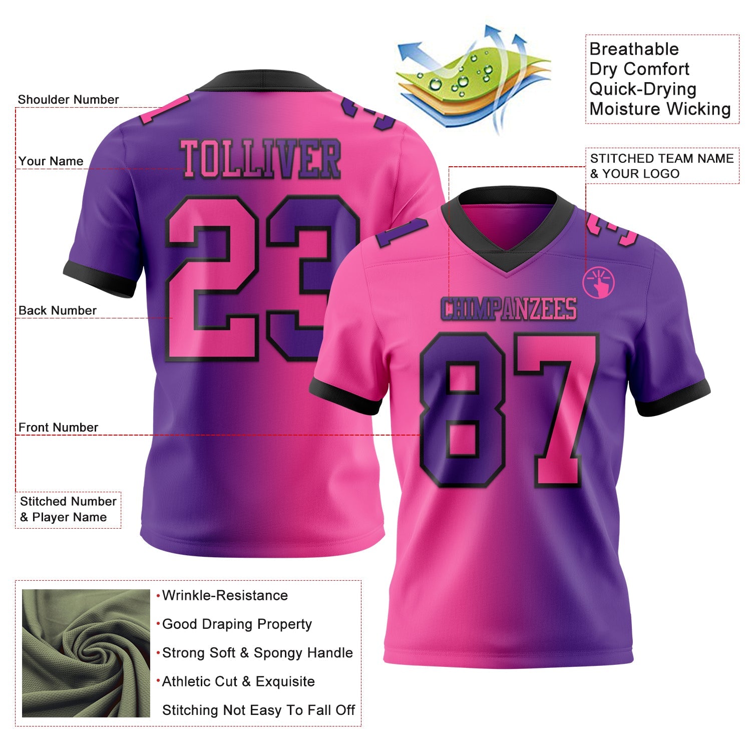 Custom Purple Pink-Black Authentic Gradient Fashion Football Jersey view 2