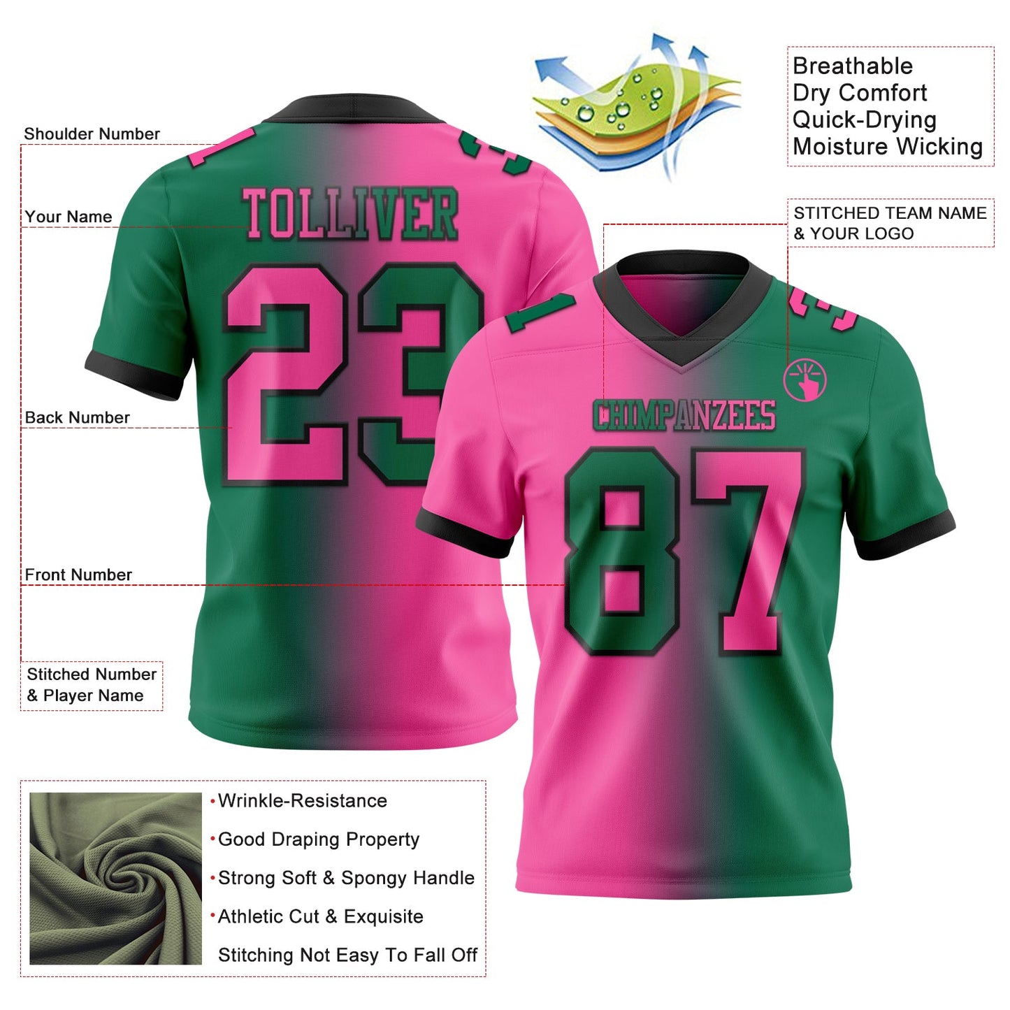 Custom Kelly Green Pink-Black Authentic Gradient Fashion Football Jersey view 2