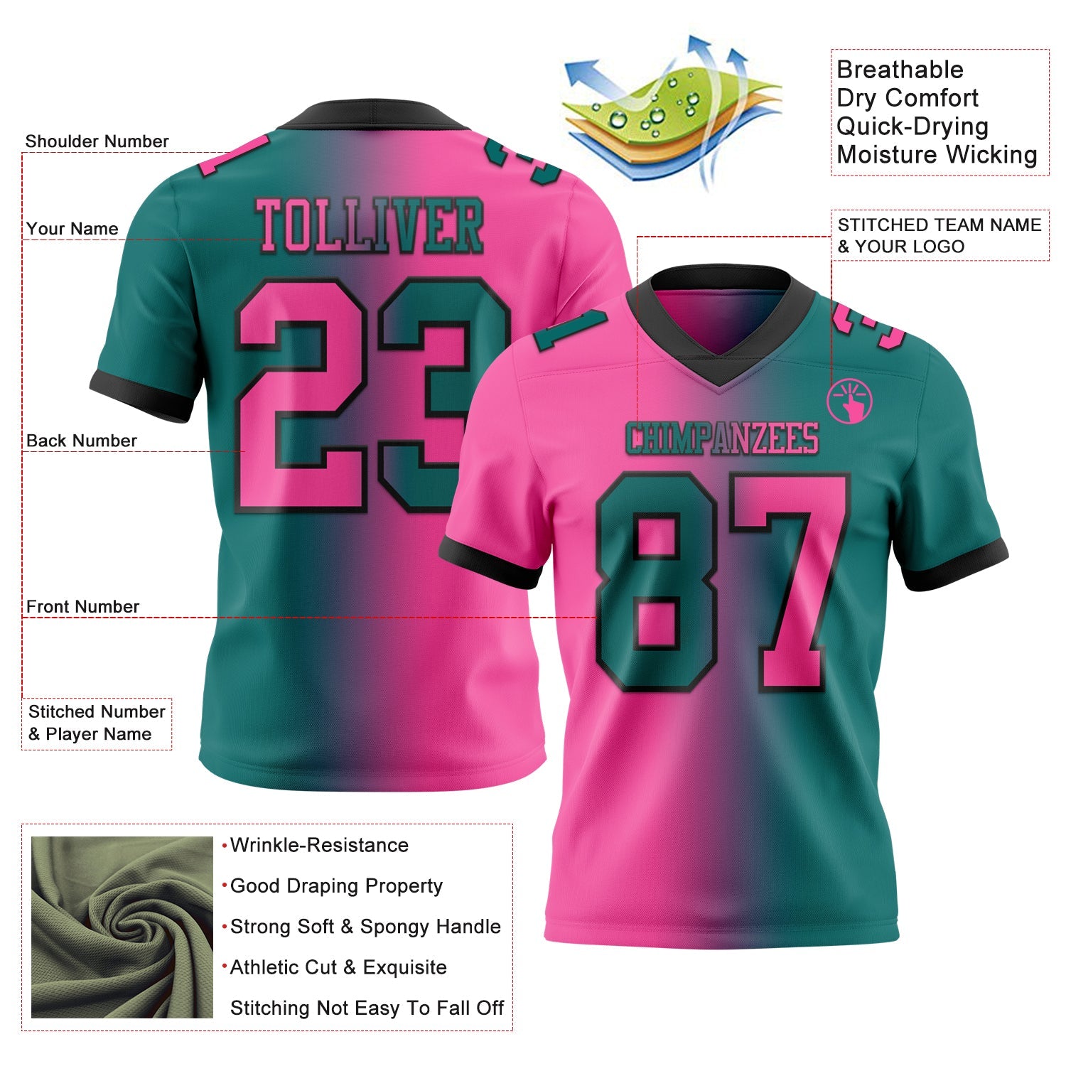 Custom Teal Pink-Black Authentic Gradient Fashion Football Jersey view 2
