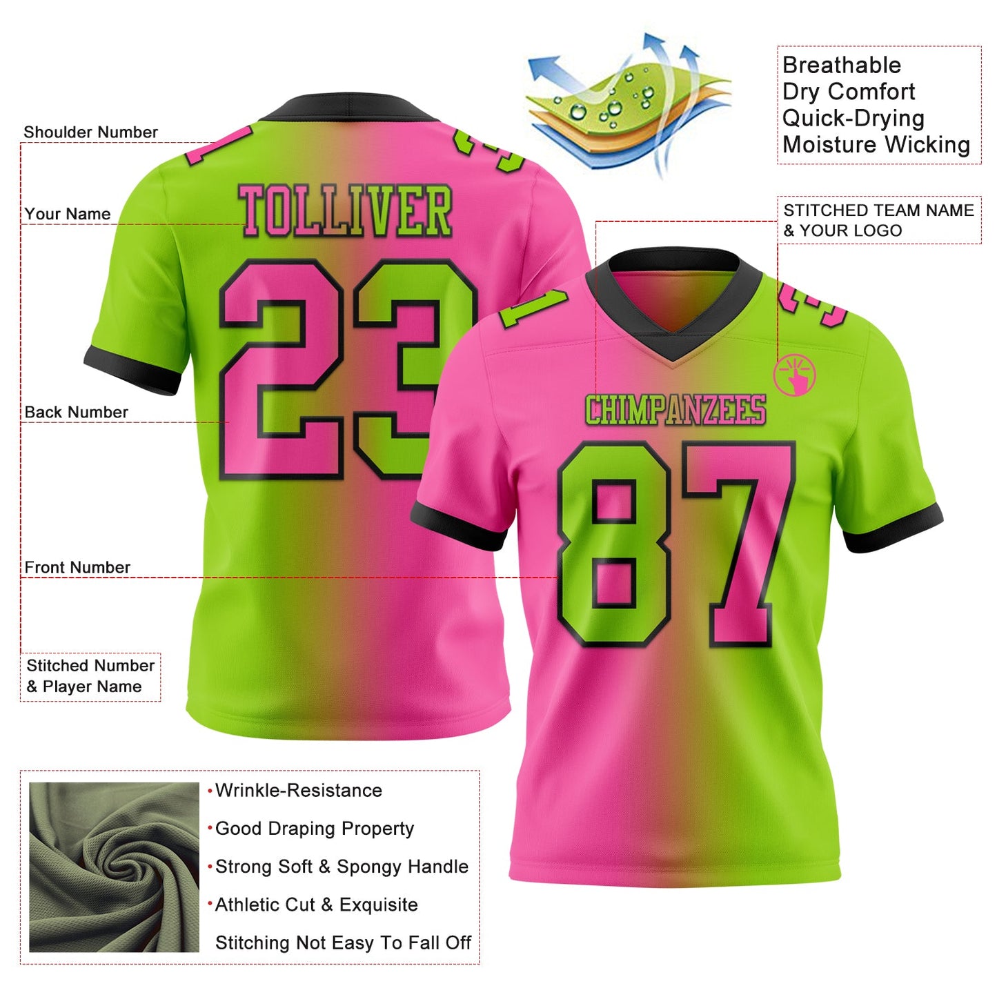 Custom Neon Green Pink-Black Authentic Gradient Fashion Football Jersey view 2