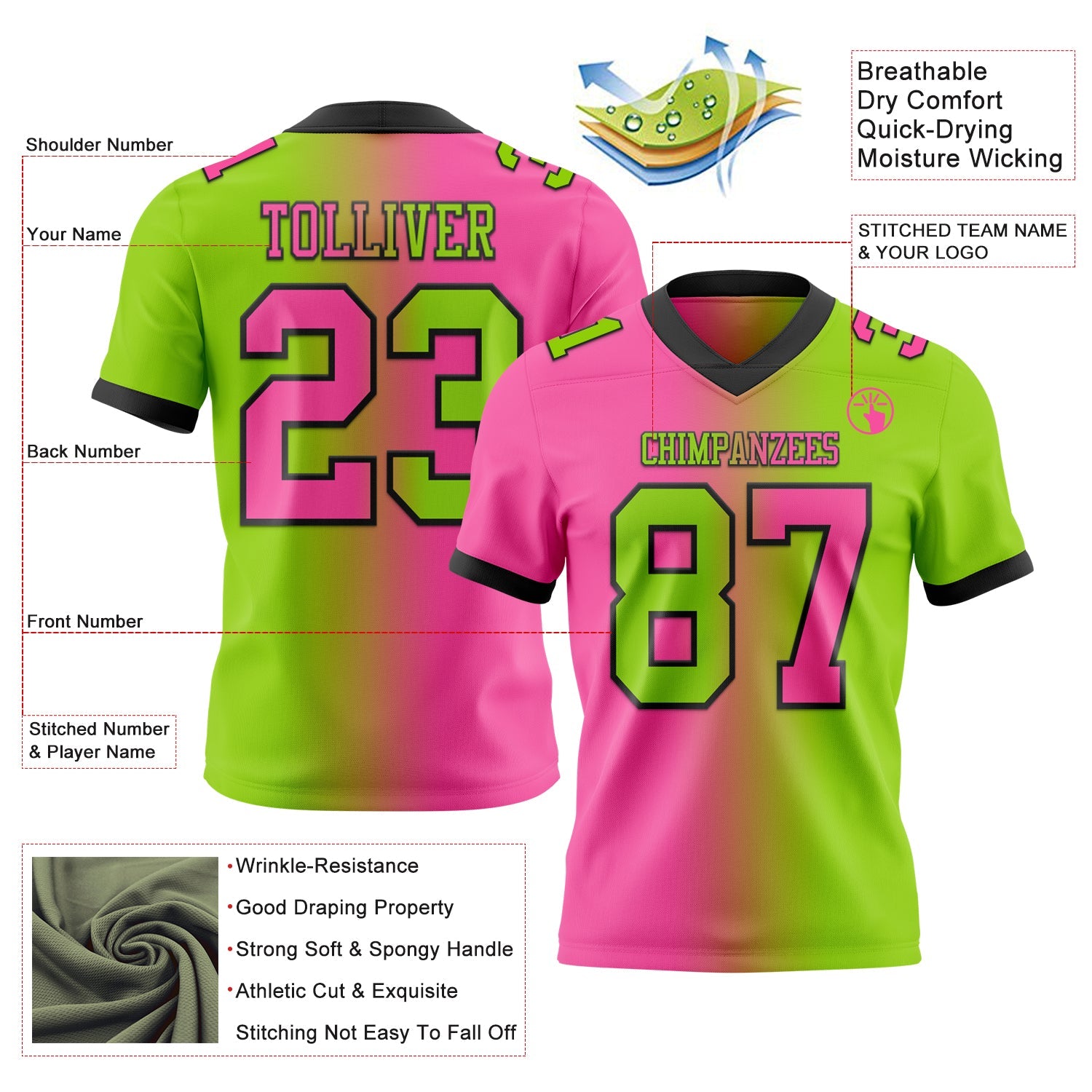 Custom Neon Green Pink-Black Authentic Gradient Fashion Football Jersey view 2