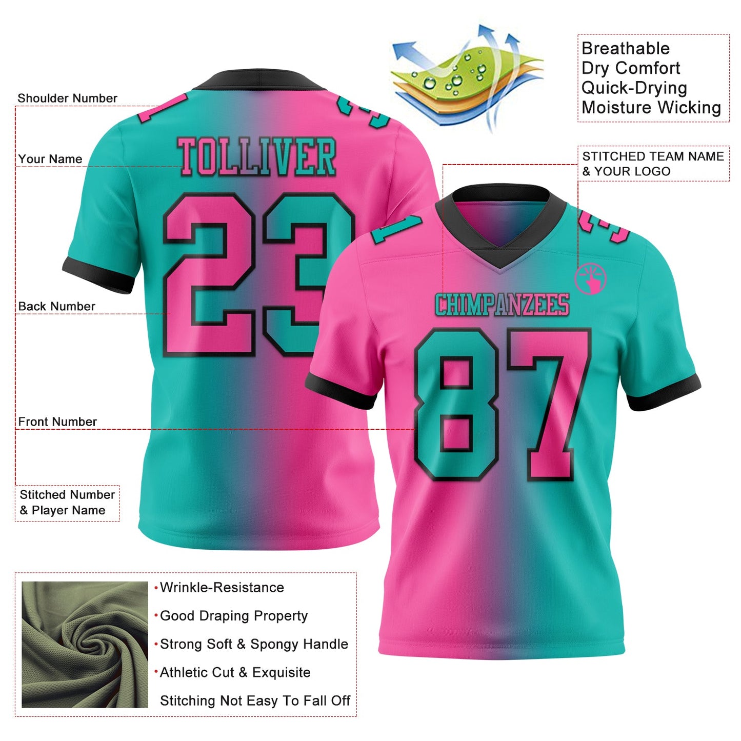 Custom Aqua Pink-Black Authentic Gradient Fashion Football Jersey view 2