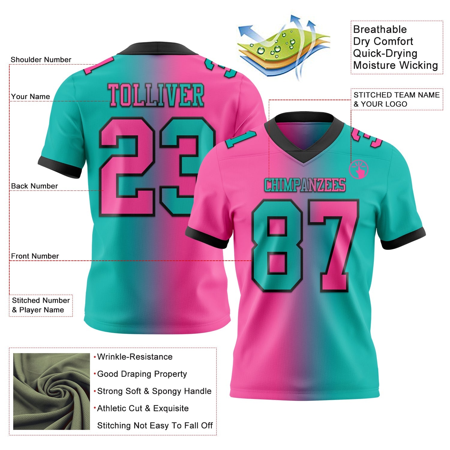 Custom Aqua Pink-Black Authentic Gradient Fashion Football Jersey view 2
