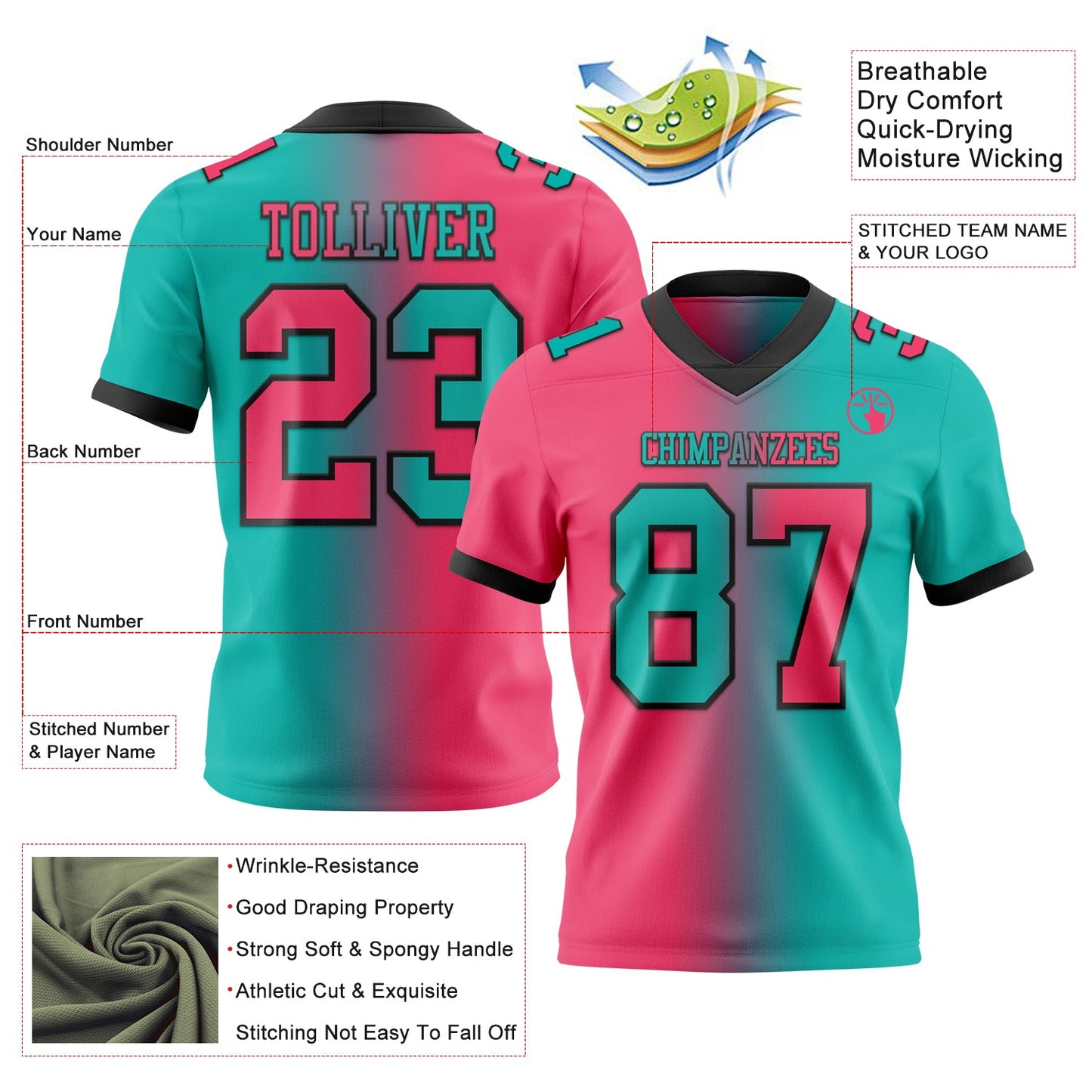Custom Aqua Neon Pink-Black Authentic Gradient Fashion Football Jersey view 2