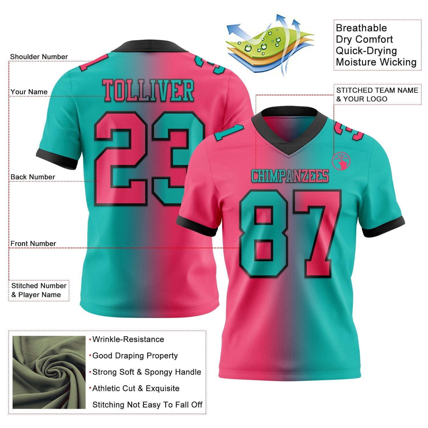 Custom Aqua Neon Pink-Black Authentic Gradient Fashion Football Jersey view 2