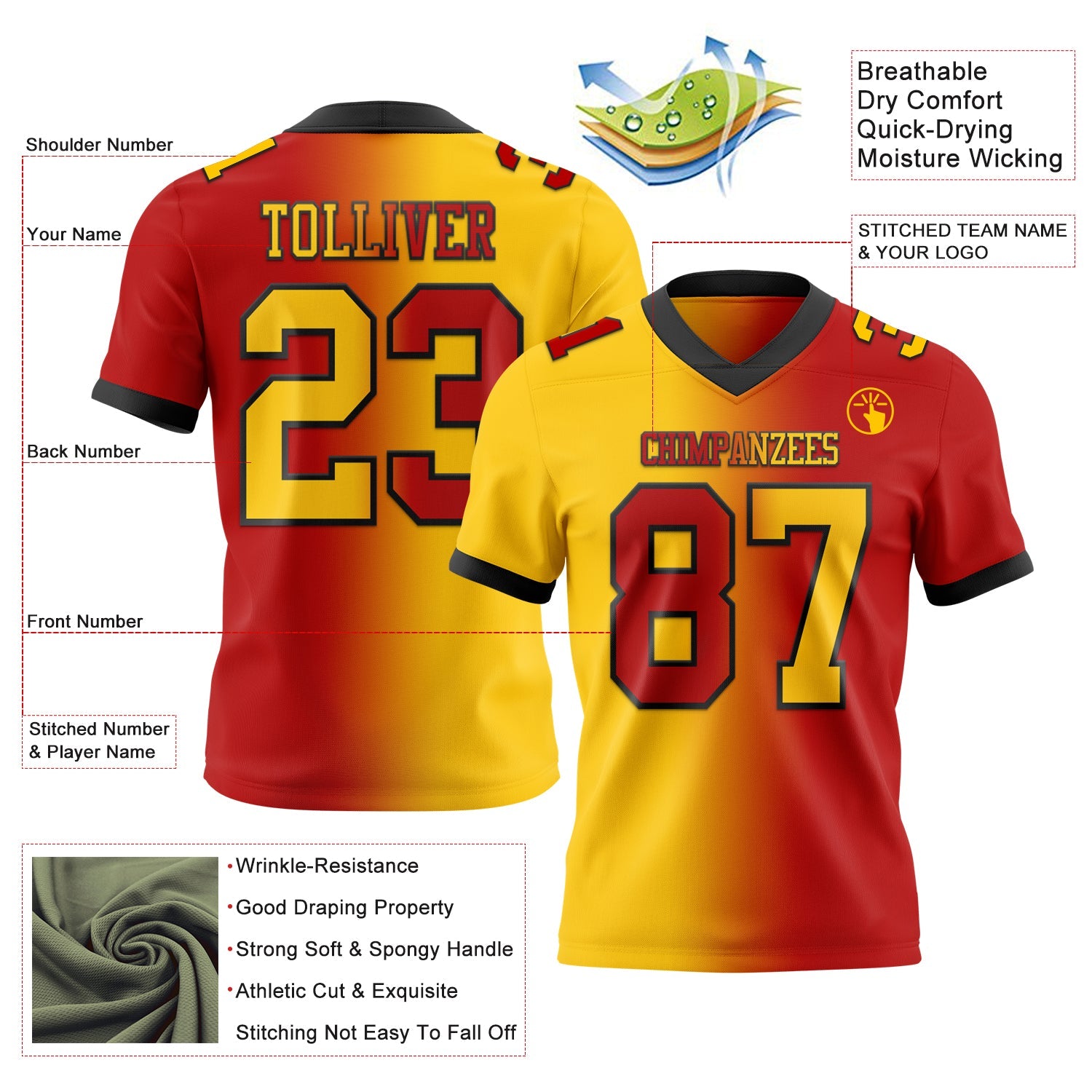 Custom Red Yellow-Black Authentic Gradient Fashion Football Jersey view 2