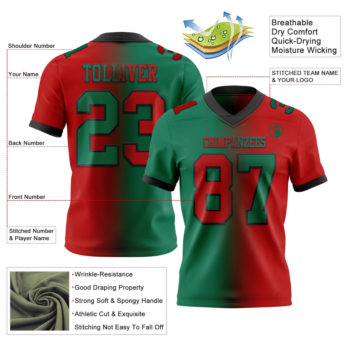 Custom Red Kelly Green-Black Authentic Gradient Fashion Football Jersey view 2