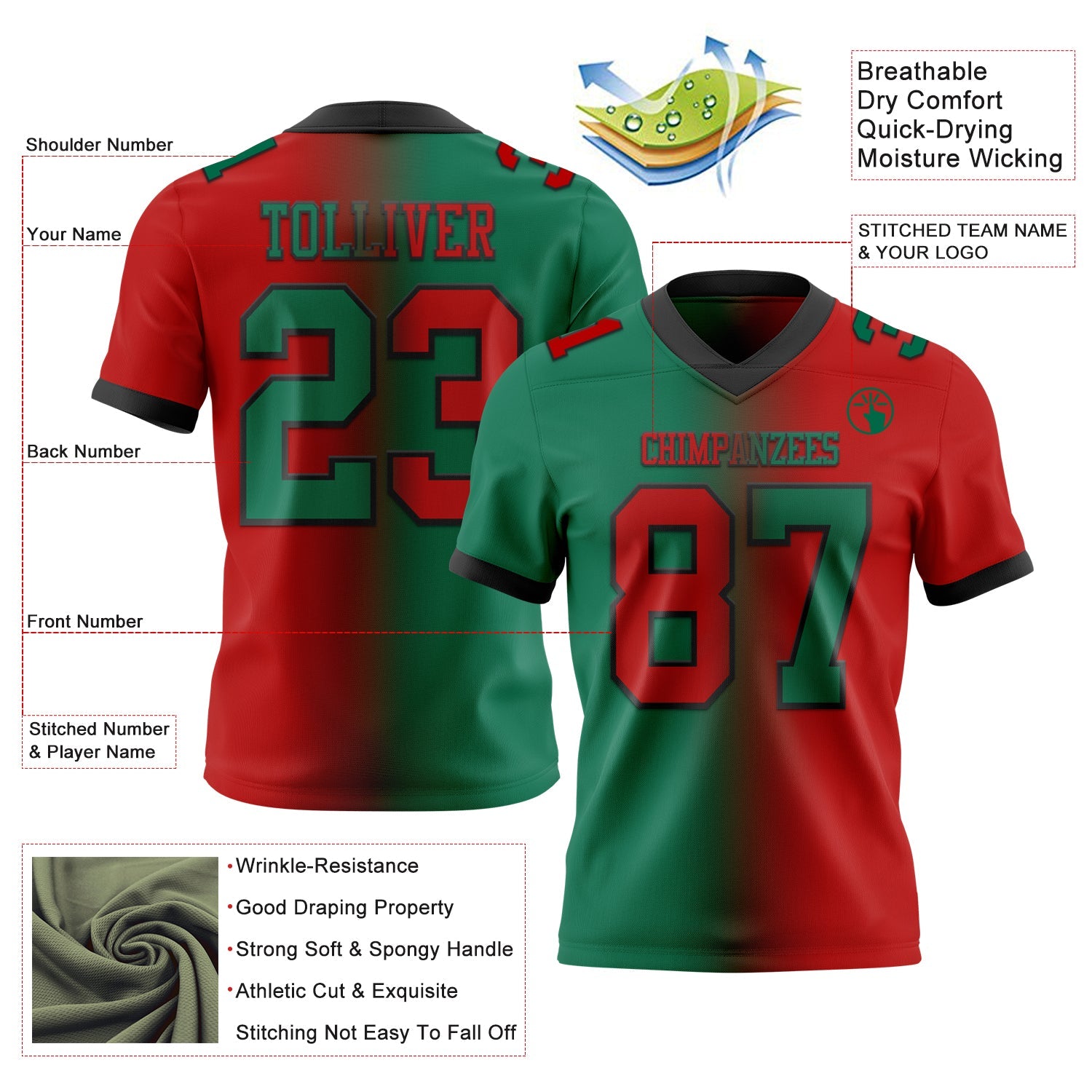Custom Red Kelly Green-Black Authentic Gradient Fashion Football Jersey view 2