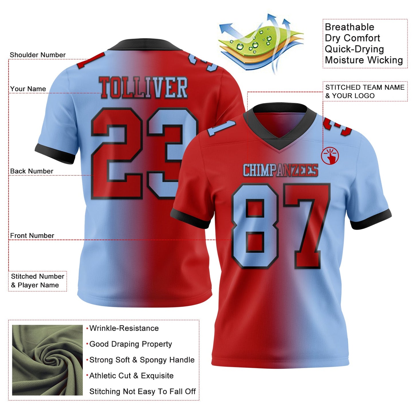 Custom Light Blue Red-Black Authentic Gradient Fashion Football Jersey view 2