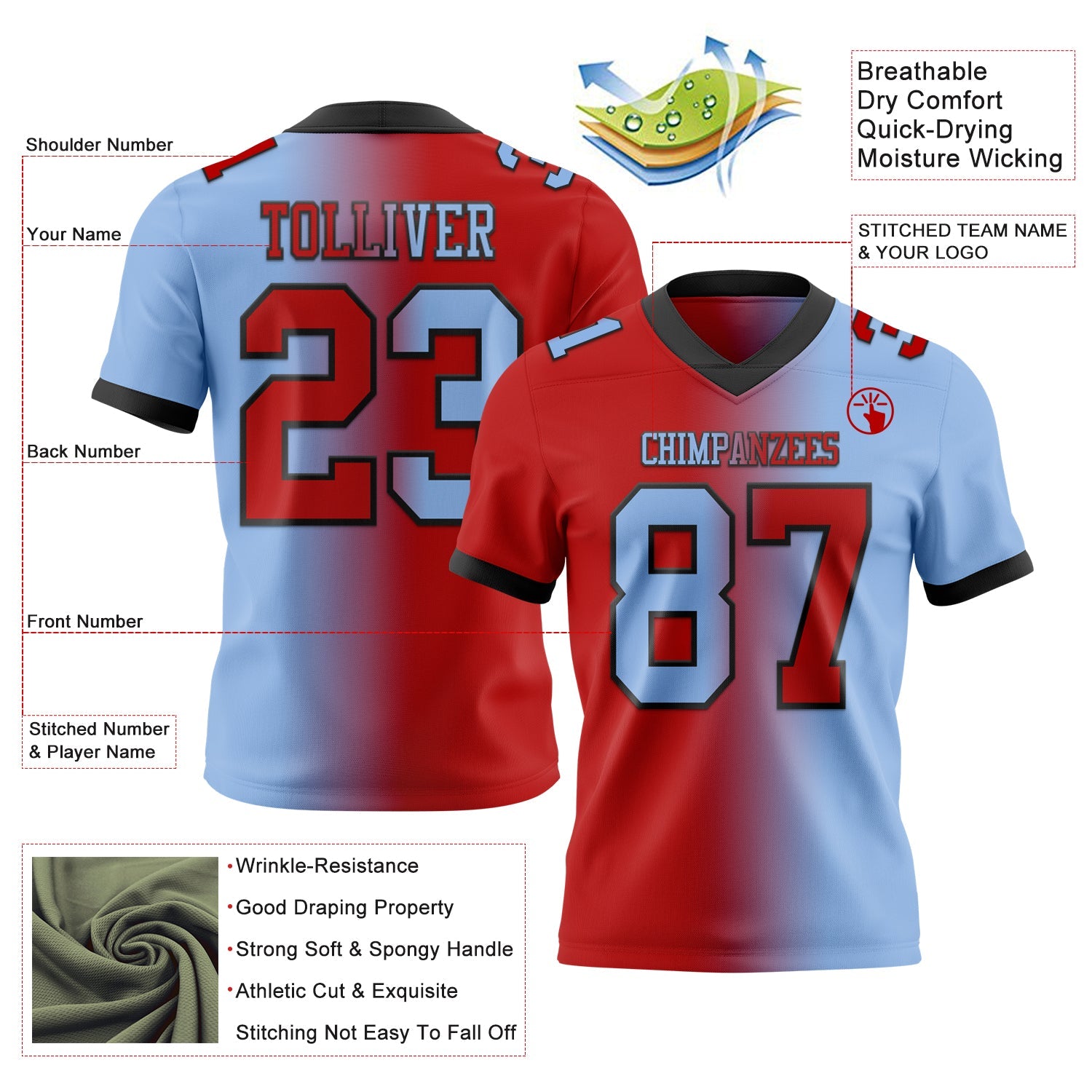 Custom Light Blue Red-Black Authentic Gradient Fashion Football Jersey view 2