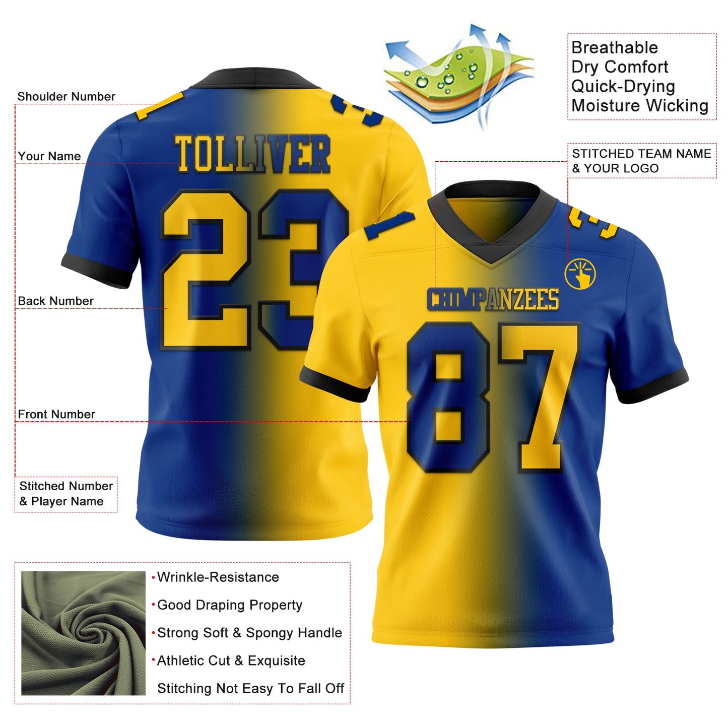 Custom Royal Yellow-Black Authentic Gradient Fashion Football Jersey view 2