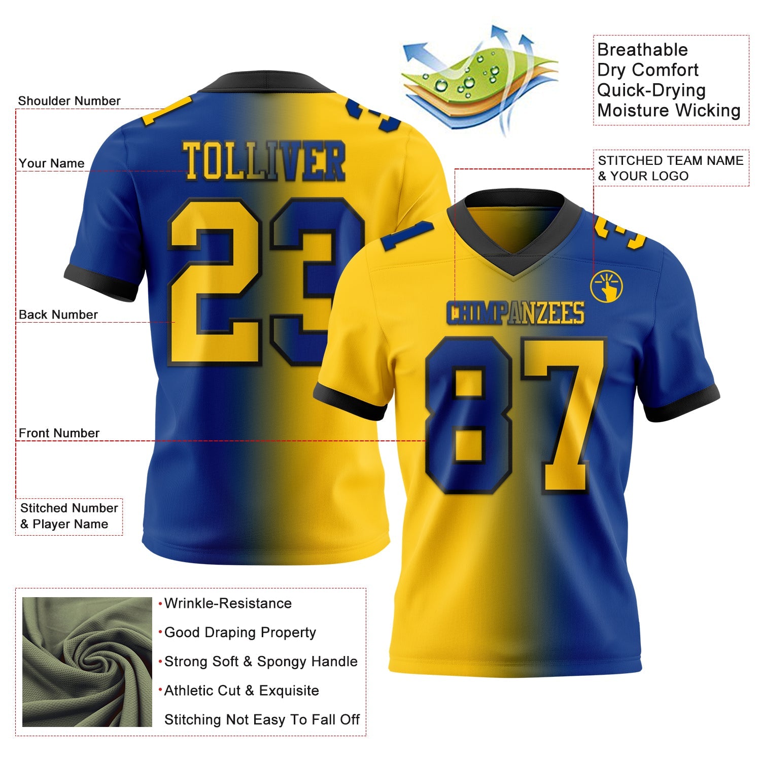 Custom Royal Yellow-Black Authentic Gradient Fashion Football Jersey view 2