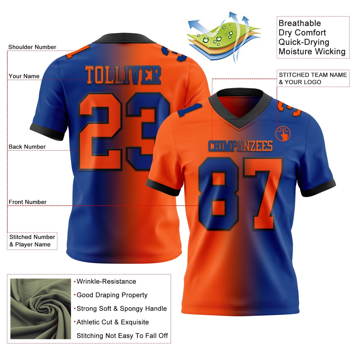 Custom Royal Orange-Black Authentic Gradient Fashion Football Jersey view 2