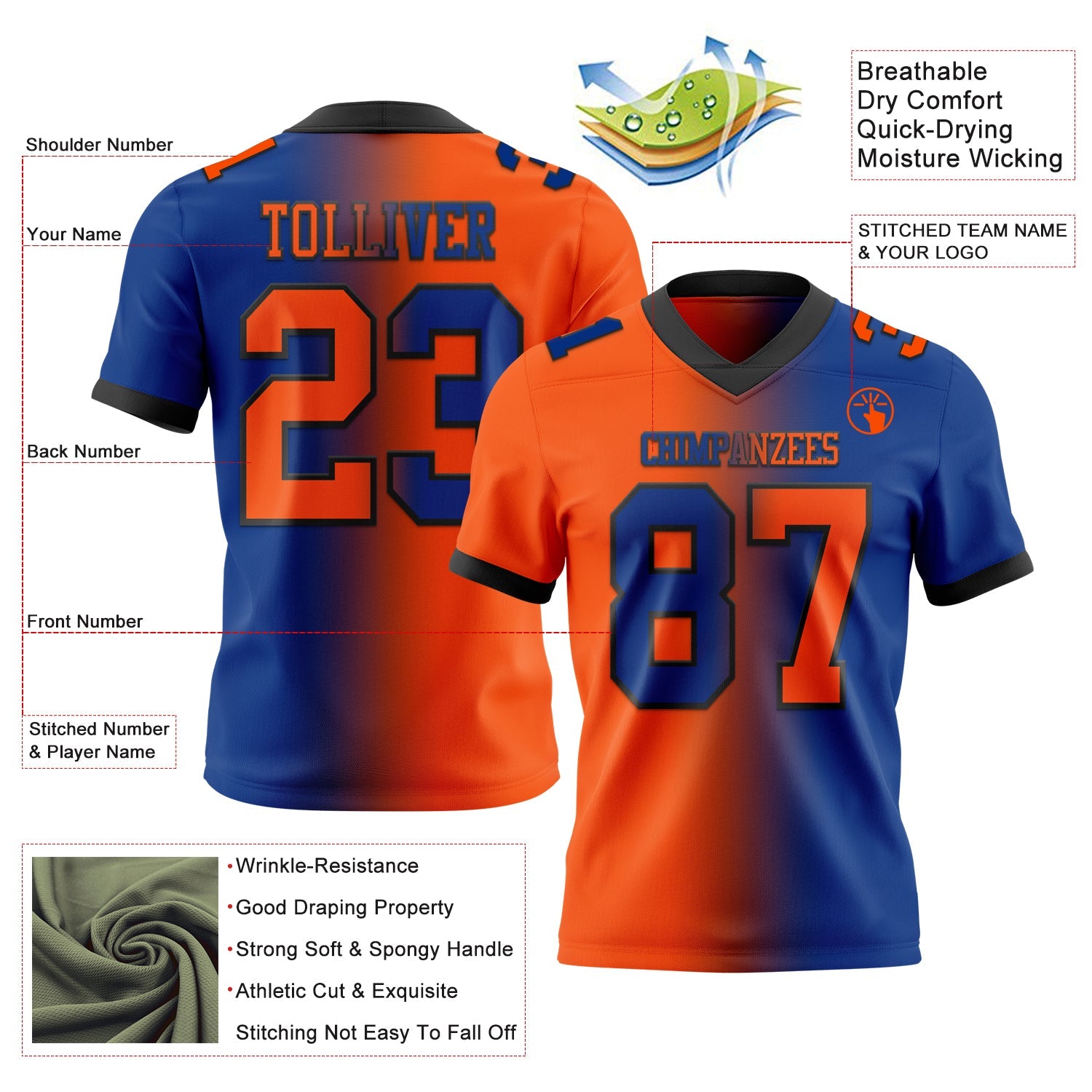 Custom Royal Orange-Black Authentic Gradient Fashion Football Jersey view 2