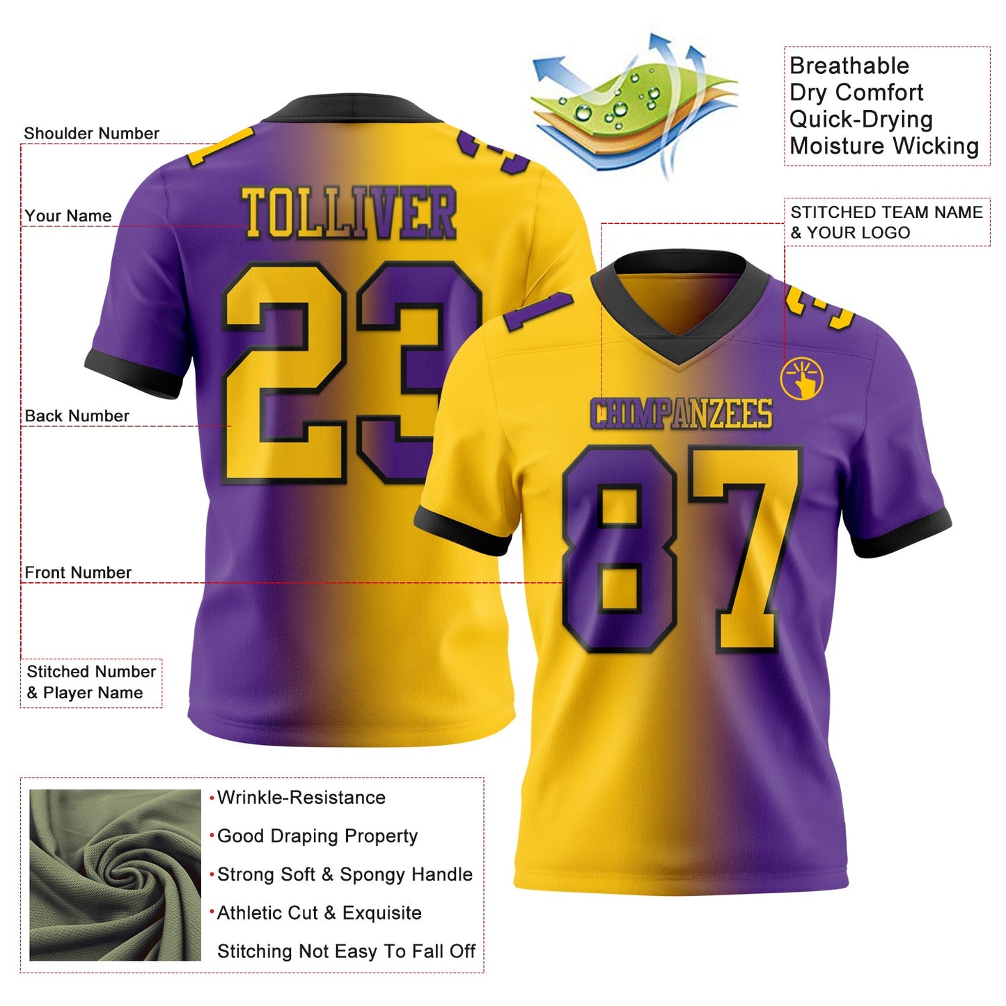 Custom Purple Yellow-Black Authentic Gradient Fashion Football Jersey view 2