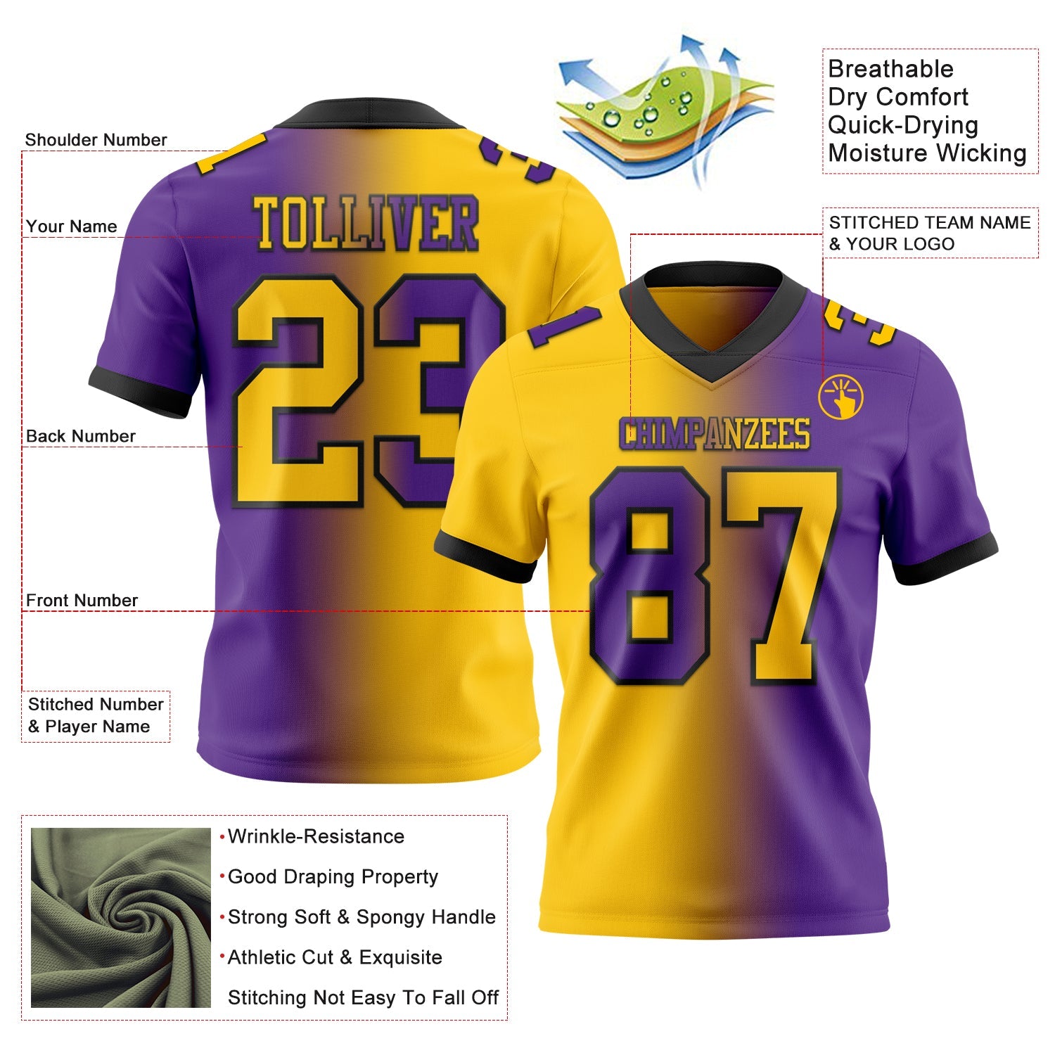 Custom Purple Yellow-Black Authentic Gradient Fashion Football Jersey view 2