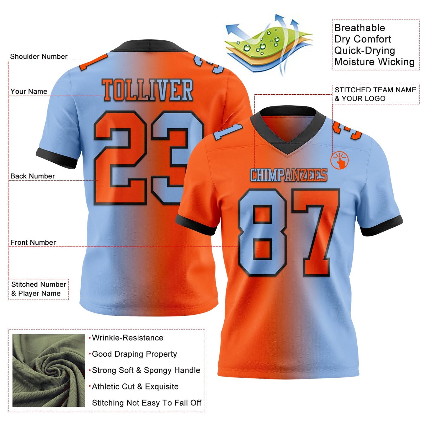Custom Light Blue Orange-Black Authentic Gradient Fashion Football Jersey view 2